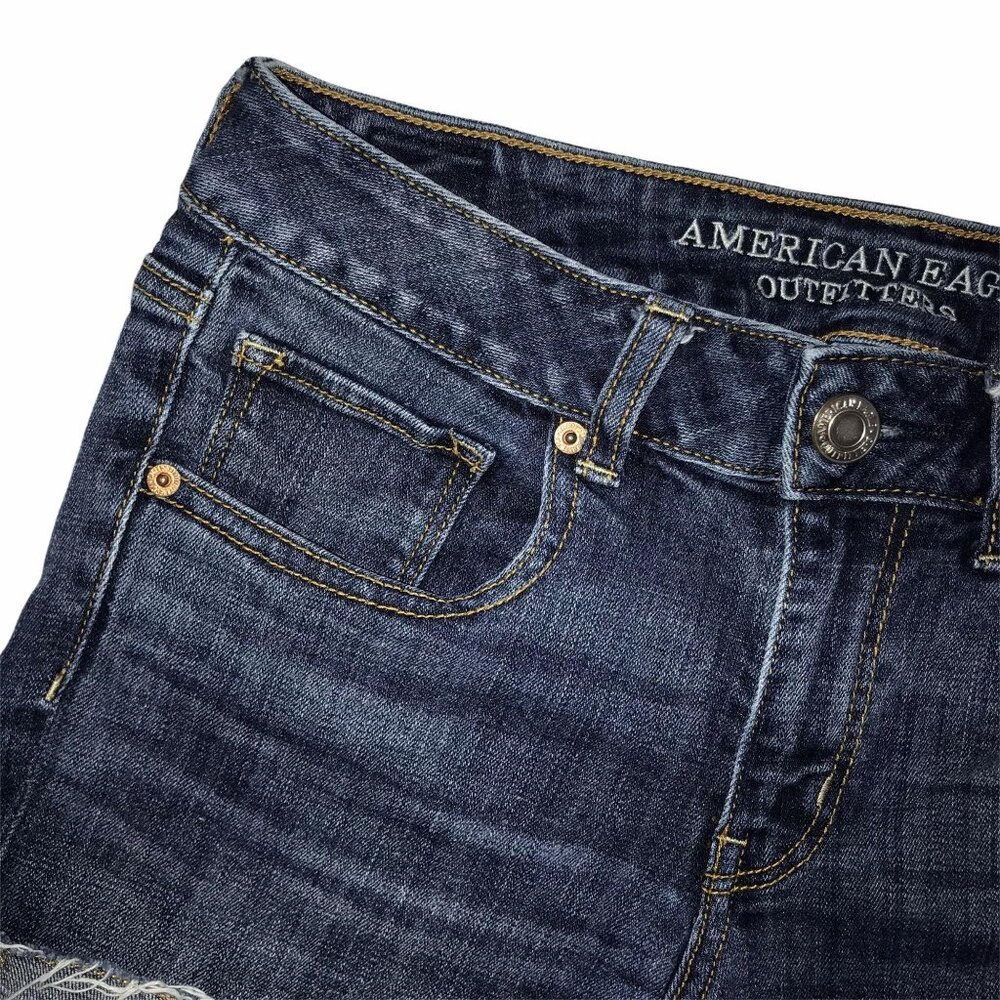 American Eagle Distressed Shorts Womens 6 Dark Wash Super Stretch Cuffed Grunge - Picture 2 of 9